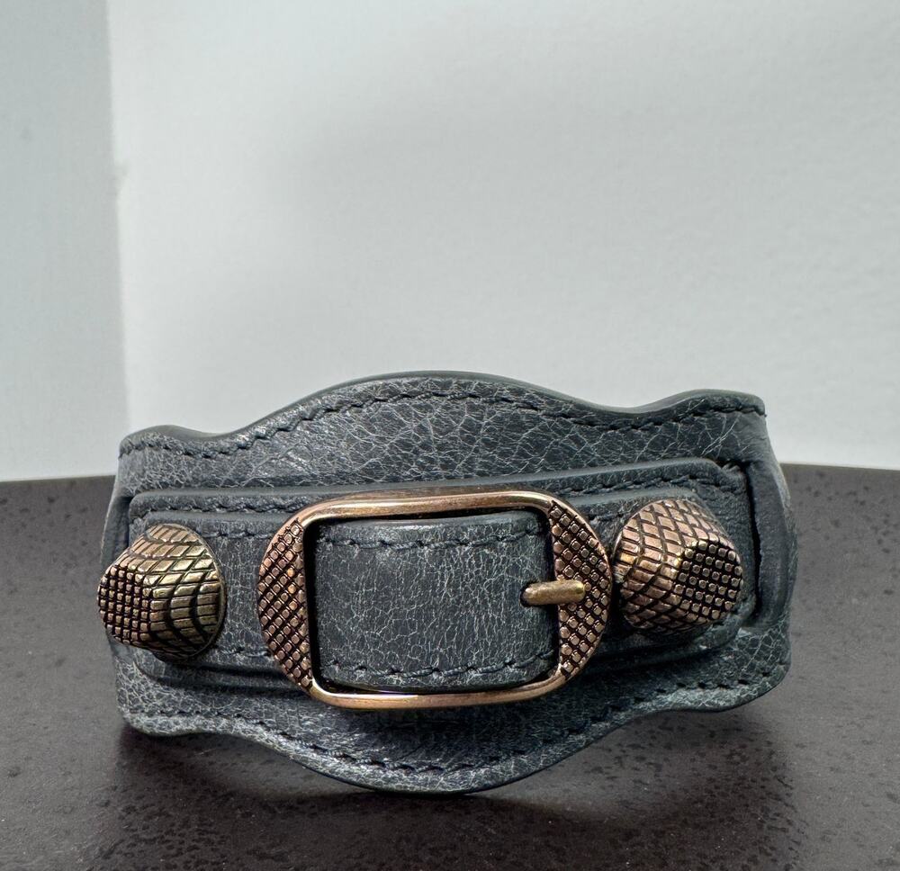 BALENCIAGA Gray Leather Moto Cuff Wide Bracelet Rose Gold Hardware Small S Italy